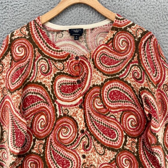 Talbots Sweater Womens Medium Petite Orange Multi Paisley Merino Wool Cardigan - Picture 2 of 11